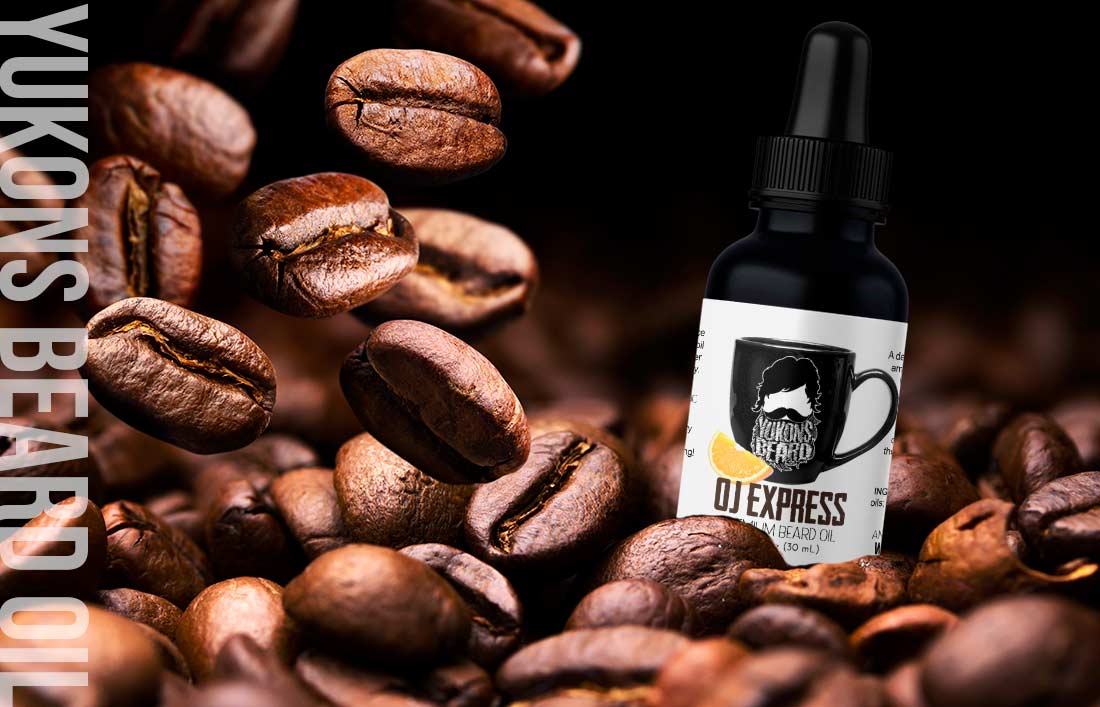 Coffee Beans falling alongside a bottle of Yukons Coffee Beard Oil called OJ Express.